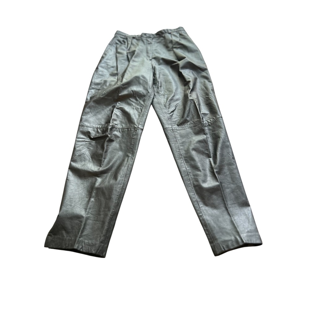 Carlan vintage Leather Pants Womens Silver black Relaxed‎ Fit Button Detail
